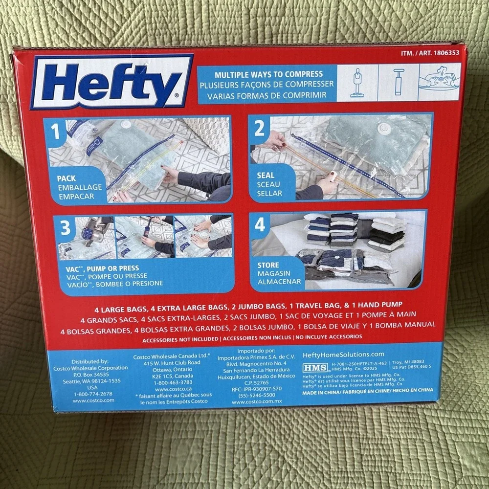 Hefty Shrink Pak 12PC Vacuum Storage Bags Variety Pack Assorted Hand Pump Includ